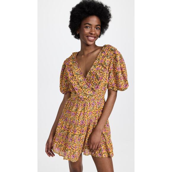 NWT Rahi Del Sole Chiara Mini Dress Medium Yellow Floral Ruffle Puff Sleeve - Picture 1 of 11